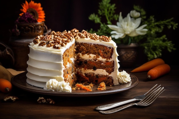 Torta di carote disposta con tovaglioli decorativi per una presentazione artistica