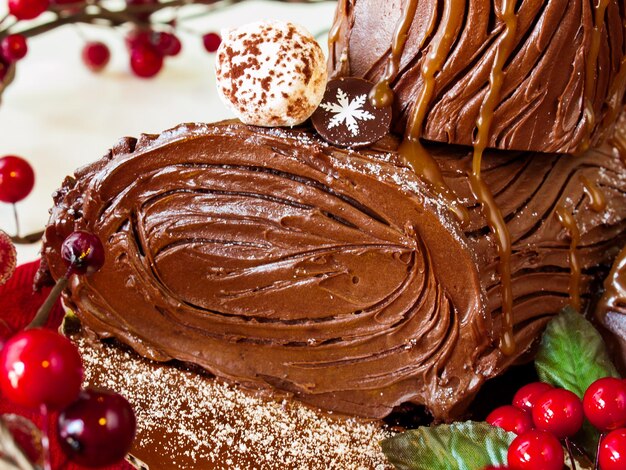 Torta di ceppo di Natale tradizionale decorata con funghi di marzapane.