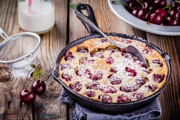 Torta di ciliegie Clafoutis su fondo di legno rustico