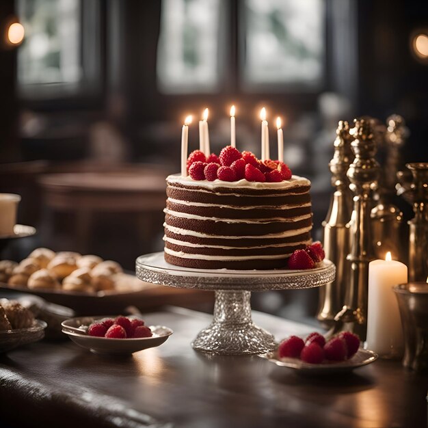 Torta di cioccolato con malva e candele su un tavolo di legno