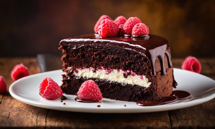Torta di cioccolato decadente con lamponi su un piatto bianco