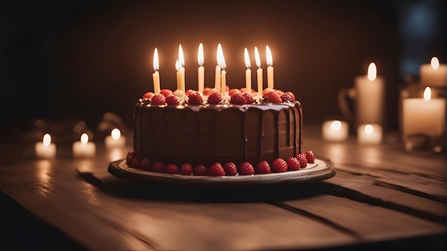 Torta di cioccolato di compleanno con lampadini e lamponi su un tavolo di legno