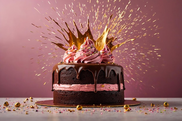 Torta di cioccolato di compleanno con spruzzate e corona dorata su sfondo rosa