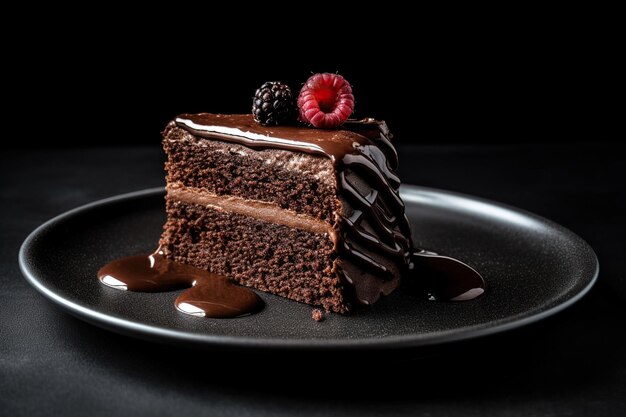 Torta di cioccolato scuro su un piatto sfondo nero illustrazione generativa ai