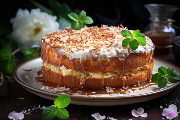 Torta di cocco intera su piatto