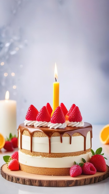 Torta di compleanno a colori chiari con bacche copia verticale candele spaziali scintillanti sfondo della biglietta di auguri