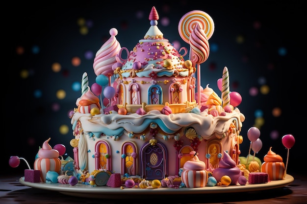 Torta di compleanno a forma di palazzo con belle decorazioni colorate di caramelle sul piatto bianco