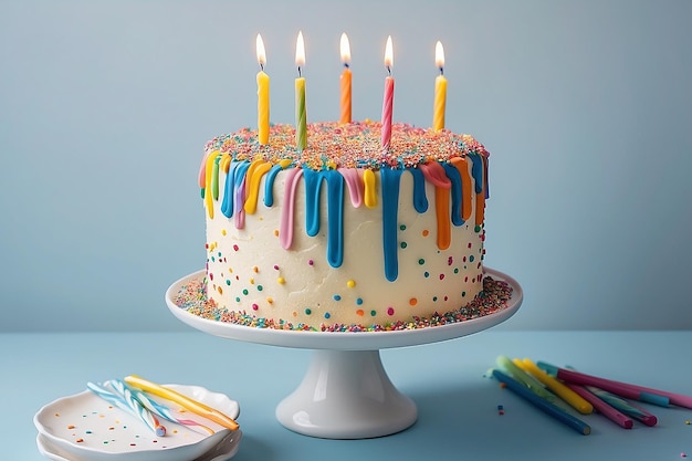 Torta di compleanno a strisce di crema di burro con candele colorate e spruzzate