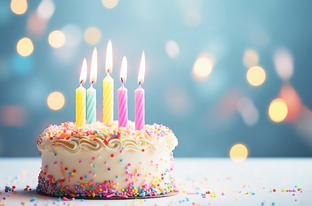 Torta di compleanno ai generativa decorata con codette colorate e candele su sfondo pastello chiaro