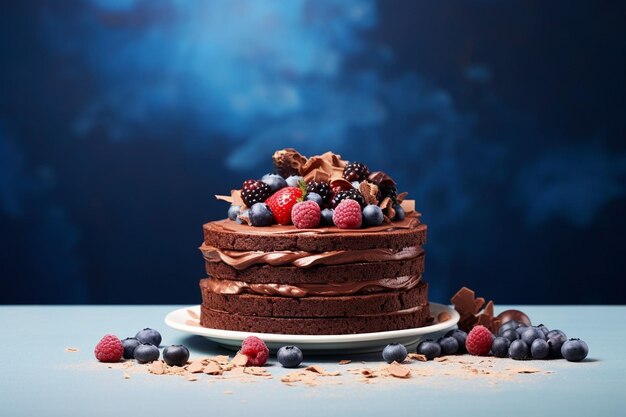 Torta di compleanno al cioccolato con bacche e biscotti su tavolo a parete blu sfondo spazio di copia