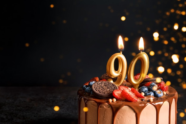 Torta di compleanno al cioccolato con biscotti ai frutti di bosco e numero novanta candele dorate su sfondo nero copia spazio