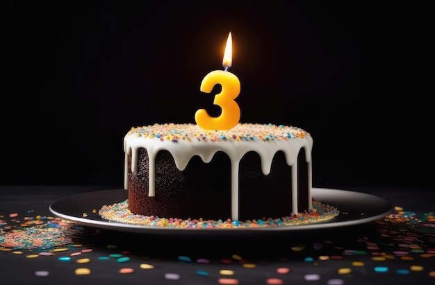 torta di compleanno al cioccolato con glassa candela accesa a forma di numero tre su sfondo nero