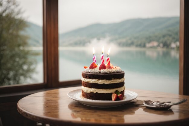 Torta di compleanno allettante celebrazione colorata con candele accese sul tavolo