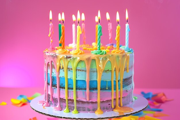 Torta di compleanno arcobaleno con candele colorate e glassa gocciolante