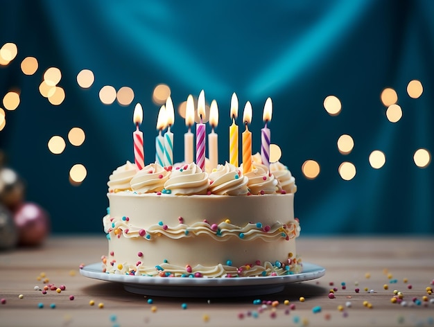 Torta di compleanno bianca con candele colorate su sfondo blu