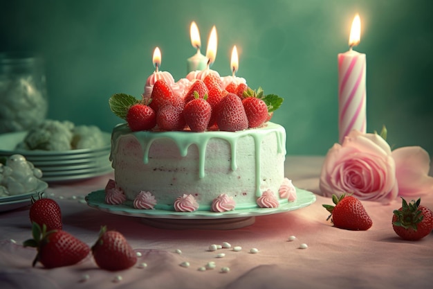 Torta di compleanno bianca con fragole e candeline Creata con tecnologia AI generativa