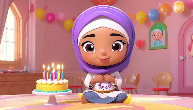 torta di compleanno cartone animato 3d bambino felice bambino ragazza ragazzo hijab celebrazione sorriso personaggio stanza rosa