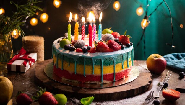 Torta di compleanno colorata con candele accese