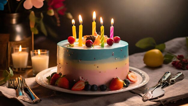 Torta di compleanno colorata con candele accese