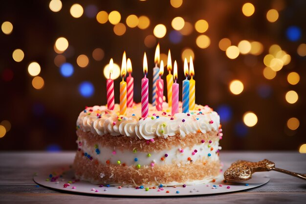 Torta di compleanno colorata con candele sul piatto Vibrant Stock Image per Cele