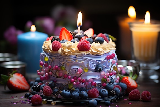 Torta di compleanno colorata con frutta e candele IA generativa