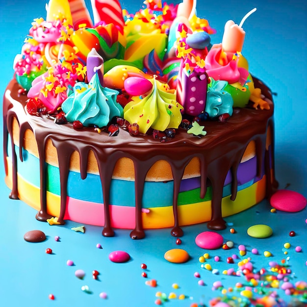 Torta di compleanno colorata decorata con dolci su sfondo blu versato con cioccolato 3d