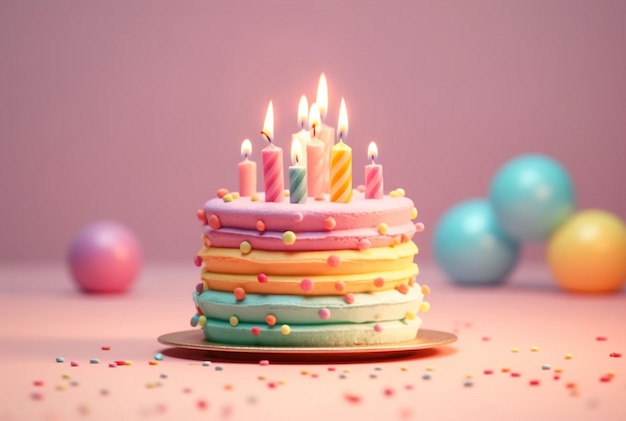 Torta di compleanno colorata su sfondo pastello ai generativo