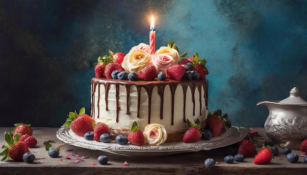 Torta di compleanno con bacche fresche e una candela accesa su uno sfondo blu