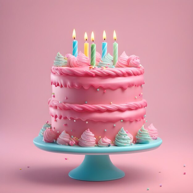 Torta di compleanno con candela e decorazioni spruzzate emoji di torta rosa sorpresa di festa 3D Rendering