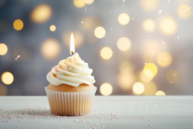 Torta di compleanno con candela sul tavolo con luci sfocate