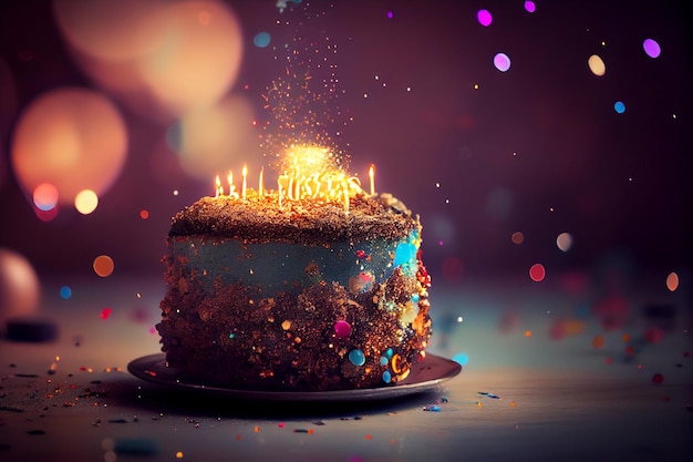 Torta di compleanno con candele accese sopra bokeh backgroundgenerative ai