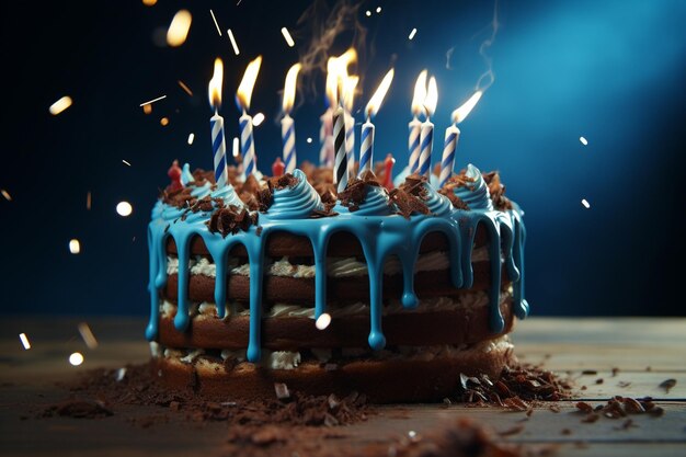 Torta di compleanno con candele accese su sfondo blu in primo piano