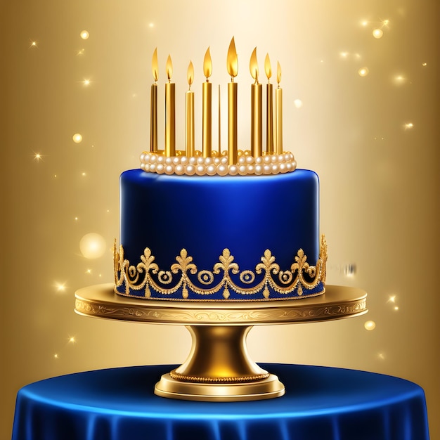 torta di compleanno con candele accese su uno sfondo blu.