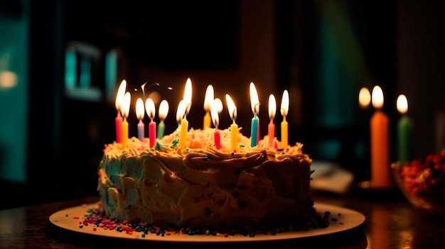 Torta di compleanno con candele AI generativa