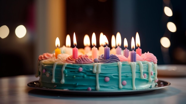 Torta di compleanno con candele AI generativa