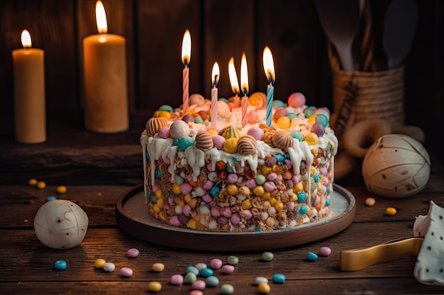 Torta di compleanno con candele e caramelle su sfondo di legno scuro Una deliziosa torta di compleanno su un tavolo di legno con glassa morbida e cremosa e spruzza AI Generato