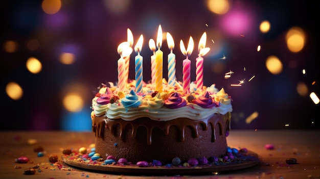 Torta di compleanno con candele e coriandoli su sfondo blu sfocato Creato con tecnologia generativa AI