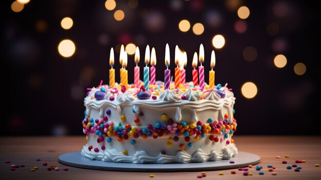 Torta di compleanno con candele e coriandoli su sfondo scuro sfocato con bokeh creato con tecnologia generativa AI