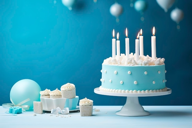 Torta di compleanno con candele e dolci su tavolo bianco vicino alla parete blu AI generativa