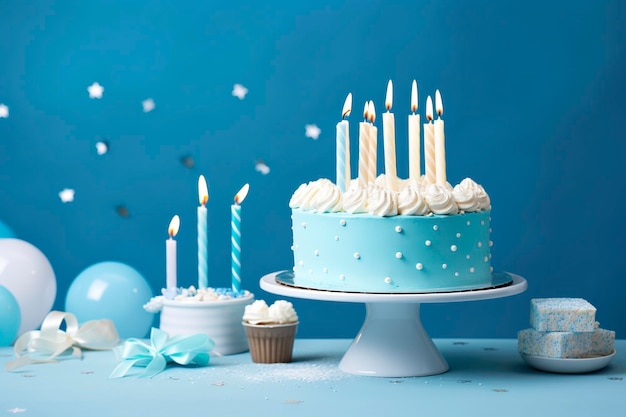 Torta di compleanno con candele e dolci su tavolo bianco vicino alla parete blu AI generativa