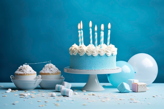 Torta di compleanno con candele e dolci sul tavolo bianco vicino al muro blu IA generativa