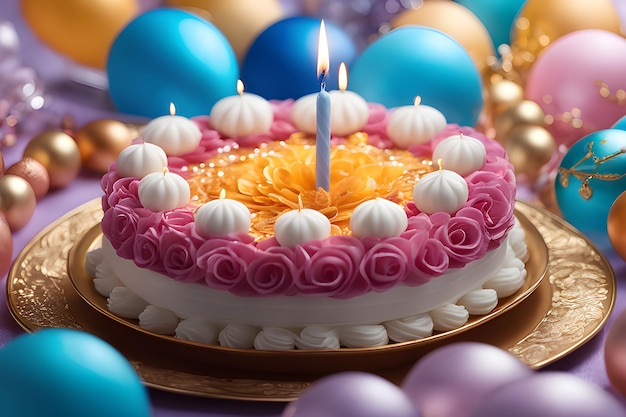 Torta di compleanno con candele e palloncini colorati su sfondo viola in primo piano