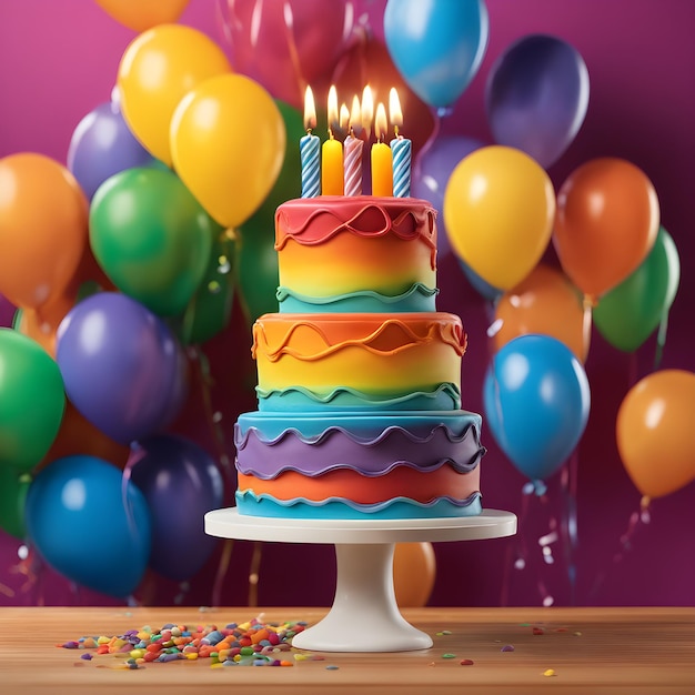 torta di compleanno con candele e palloncini colorati su un tavolo di legno.