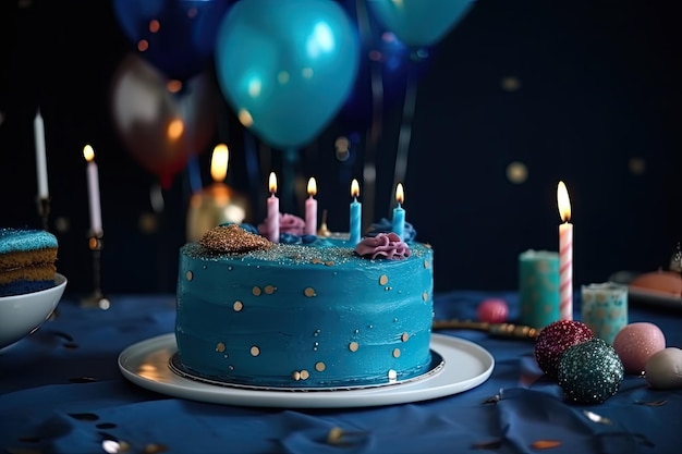 Torta di compleanno con candele e palloncini su sfondo blu closeup Torta di compleanno blu con scatole regalo coriandoli e palloncino AI Generated