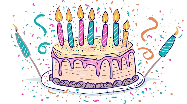 Torta di compleanno con candele illustrazione in stile doodle con confetti ar 169 stile crudo Job ID 5a66b6