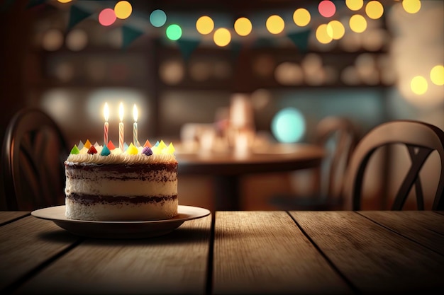 Torta di compleanno con candele in sala da pranzo sfondo sfocato ai generativo