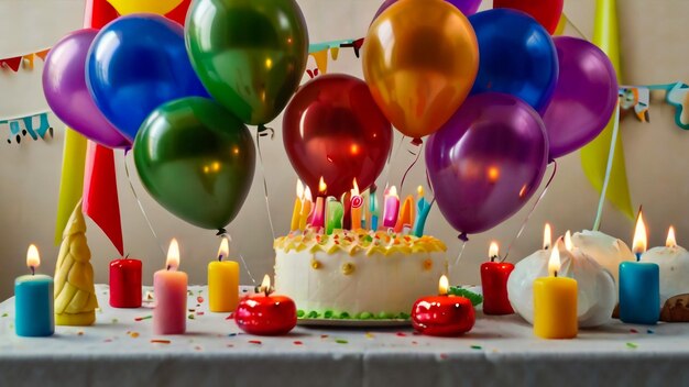 Torta di compleanno con candele sullo sfondo di palloncini