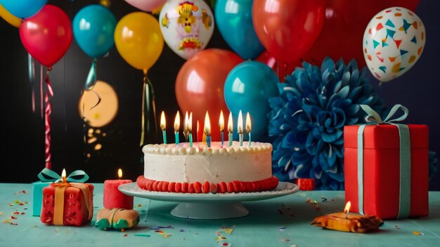 Torta di compleanno con candele sullo sfondo di palloncini