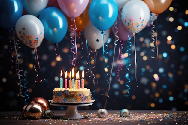 Torta di compleanno con candele sullo sfondo di palloncini