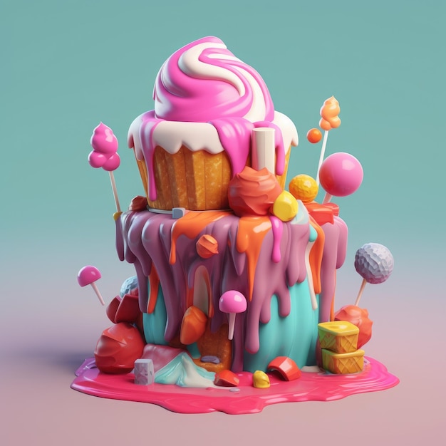 Torta di compleanno con crema e caramelle illustrazione 3D